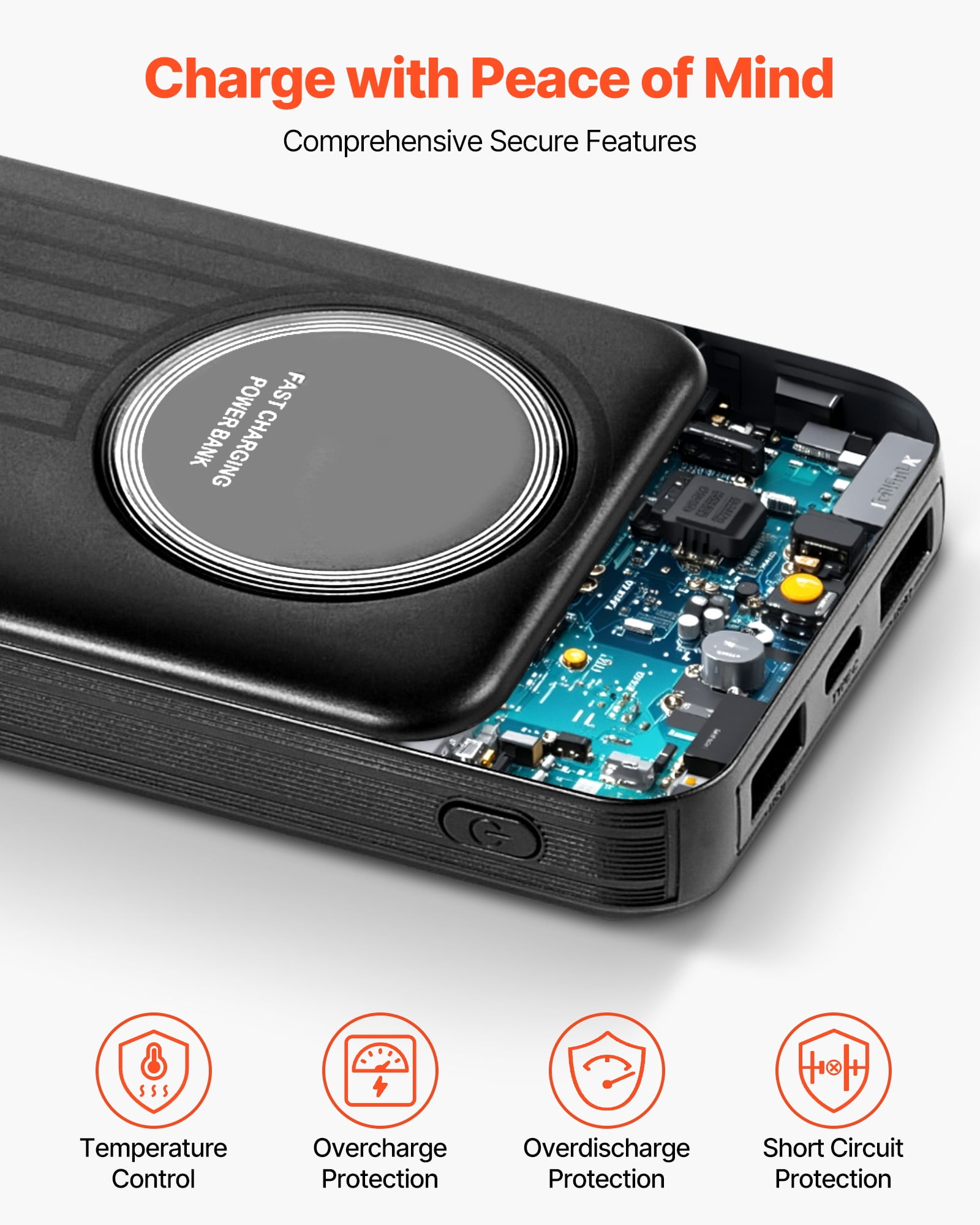 VEVOR Portable Charger, with Built-in Cables, 10000 mAh Travel Battery Pack, 6 Outputs 3 Inputs Fast Charging Power Bank with USB Type-C Micro-B Input,Smart LED Display, for iPhone, Samsung, Android
