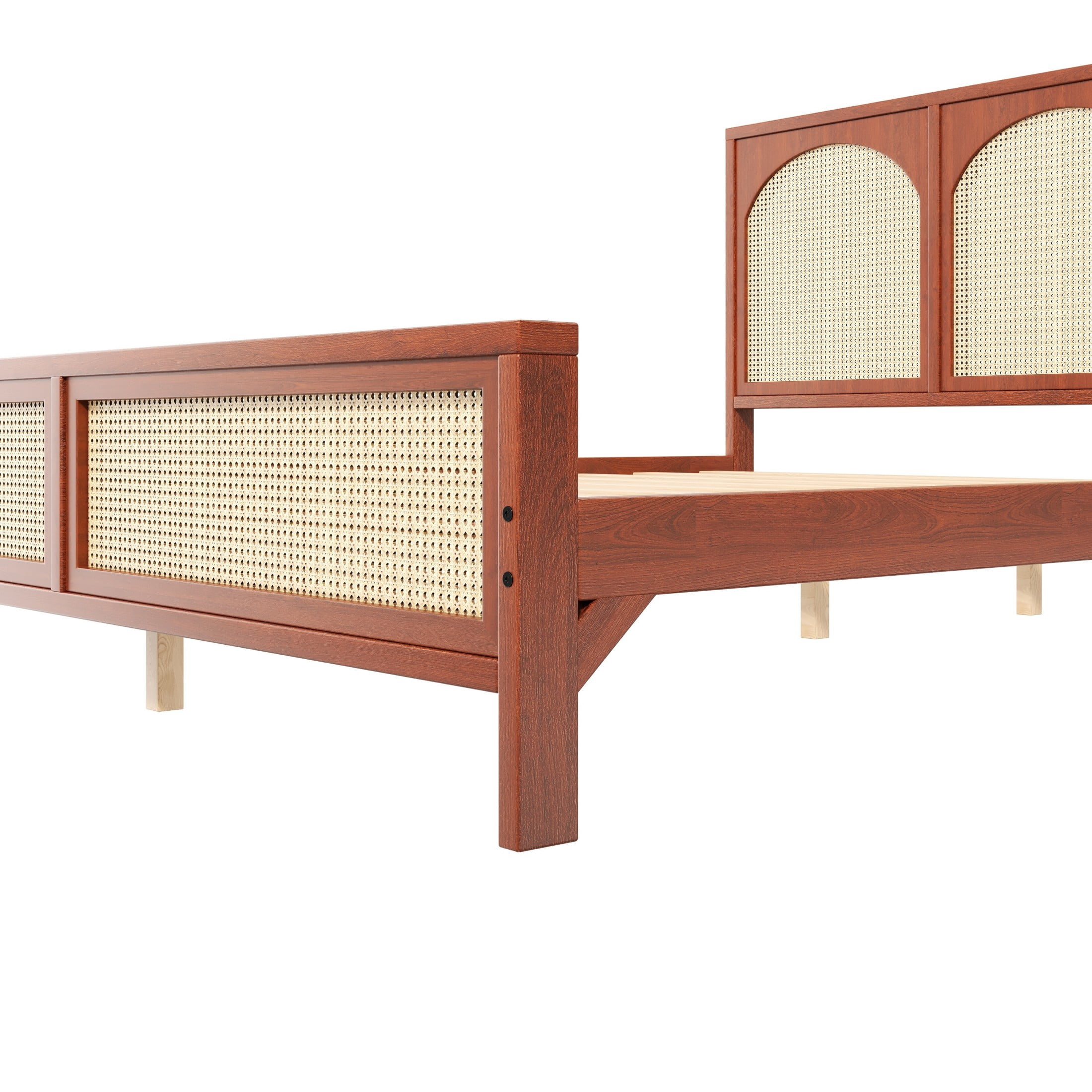 Alvantor King Size Wood Bed Frame with Rattan Headboard & Footboard, Walnut+Beige