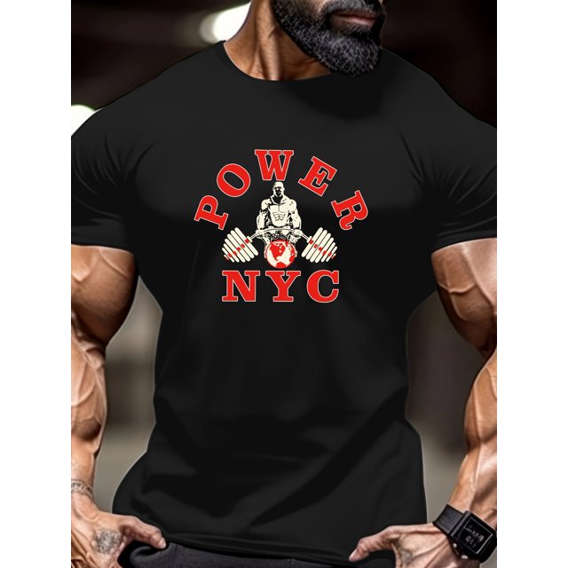 POWER NYC T-Shirt Graphique 1 Pce Col Rond Décontracté pour Hommes - Tissu Polyester Léger Extensible, Coupe Régulière pour Adultes, Tee-Shirt d'Entraînement d'Été
