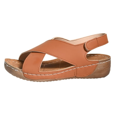 

Ladies Summer Retro Solid Colour Leather Slope Heel Thick Bottom Large Size Sandals Daily Casual Style Versatile Relaxed Active