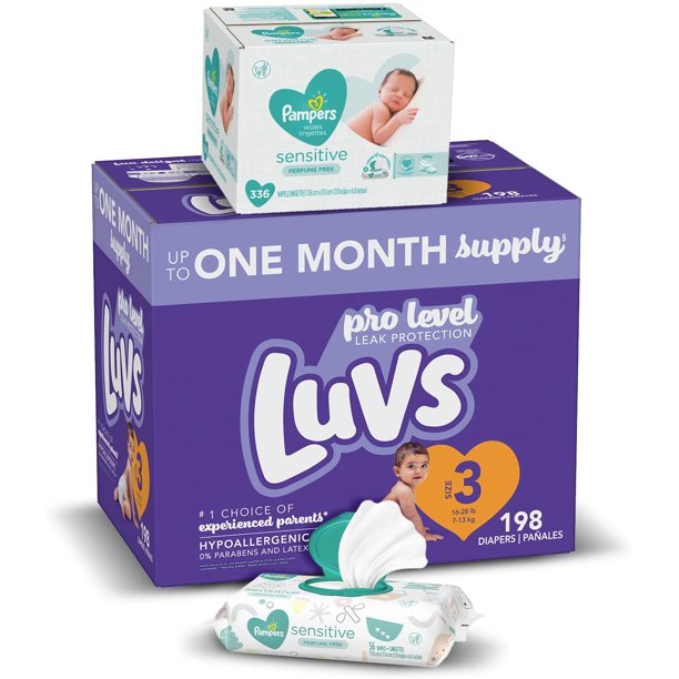 Diapers Size 3, 198 Count and Baby Wipes Luvs Ultra Leakguards