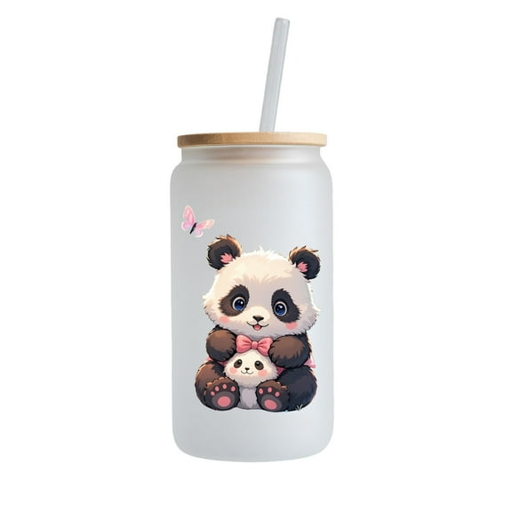 16oz Frosted Glass Cup with Straw and Lid with Cute Panda Design, Great for Gift and Everyday Use