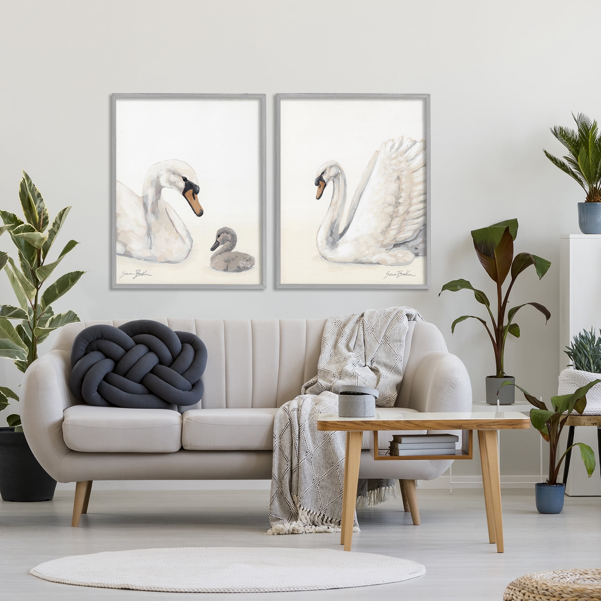 Stupell Industries Graceful Swan & Cygnet 2 Piece Gray Framed Giclee Art Set, design by Sara Baker