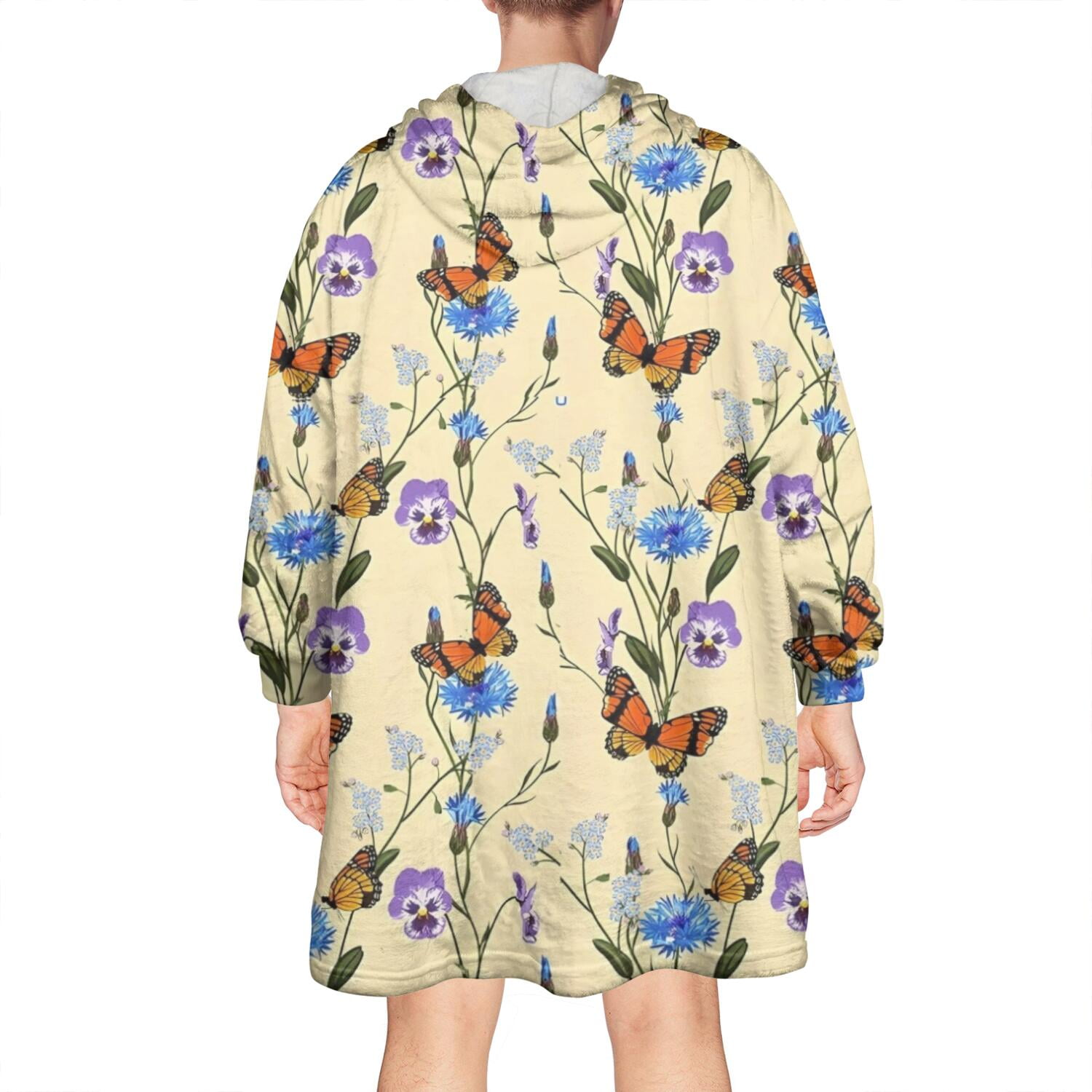 Butterfly Flower Plant Pattern Wearable Oversized Blanket,Wearable Blanket Hoodie for Adults,Cozy Hooded Blankets with Super Pockets,Super Warm Fuzzy Pullover for Women & Men