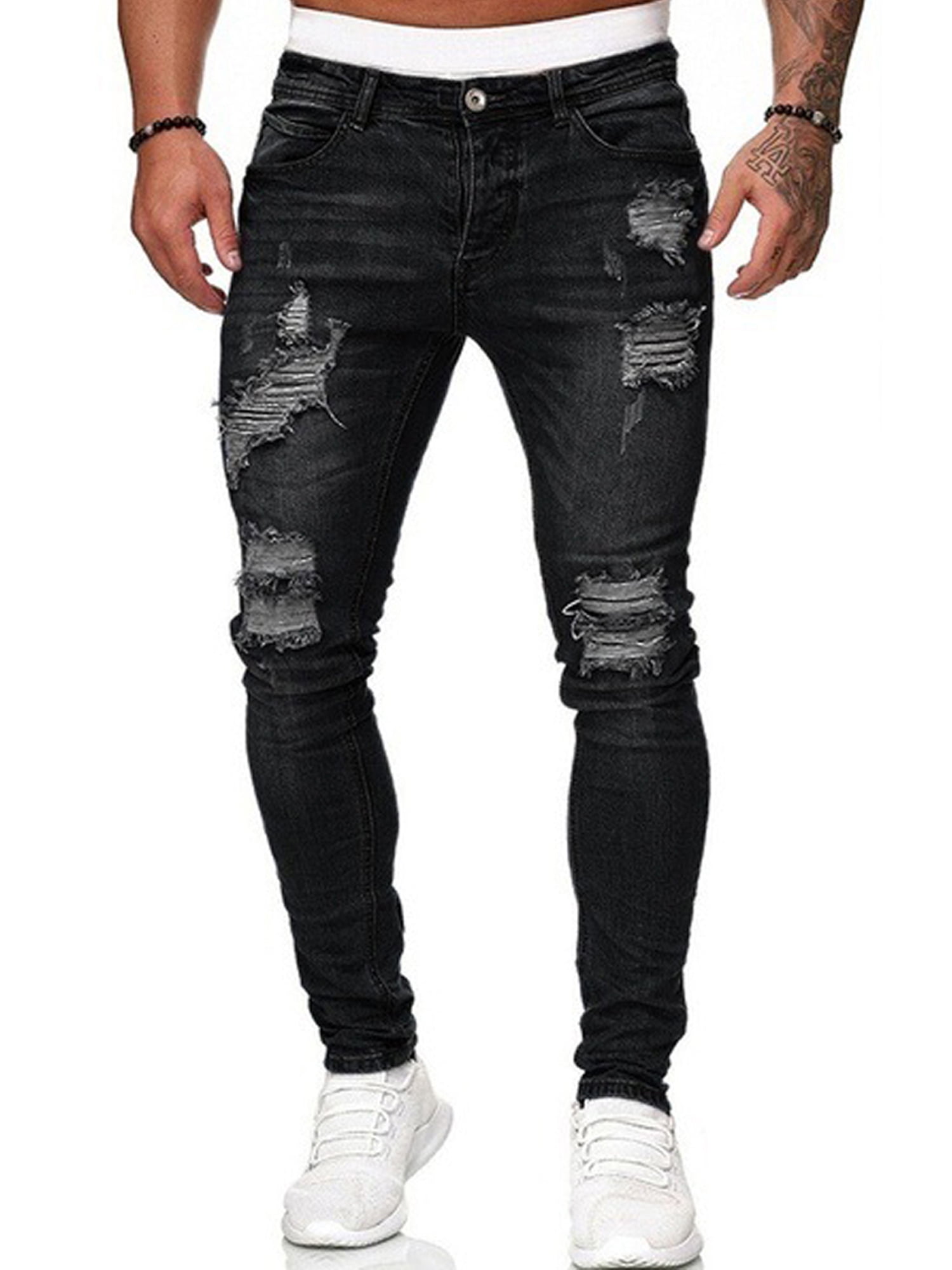 Blue Jeans for Men Relaxed Fit,Forthery Mens Blue Skinny Ripped Distressed Slim Fit Destroyed Stretch Moto Biker Jeans