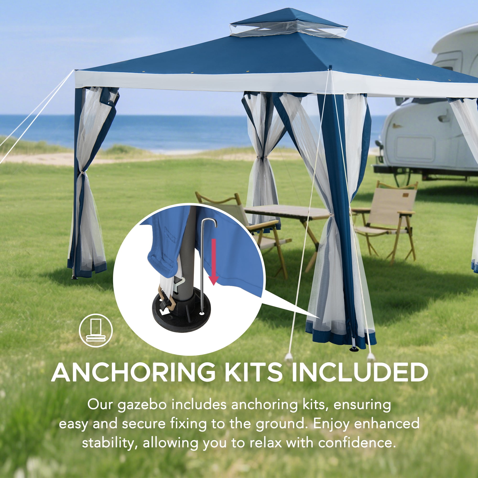 Sunjoy 10’ x 10’ Outdoor Patio Gazebo, Backyard Modern 2-Tier Steel Frame Soft Top Gazebo with Mesh Netting - Navy Blue & White