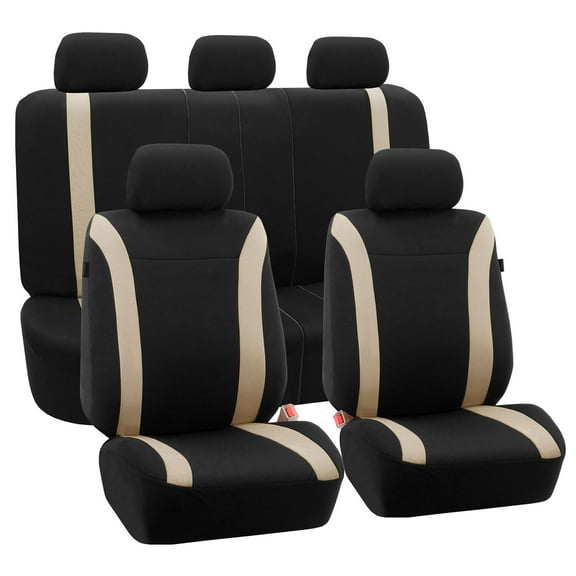 FH Group Flat Cloth Seat Covers for Car Sedan SUV Van, Full Set with Black Leather Steering Wheel Cover, Beige Black