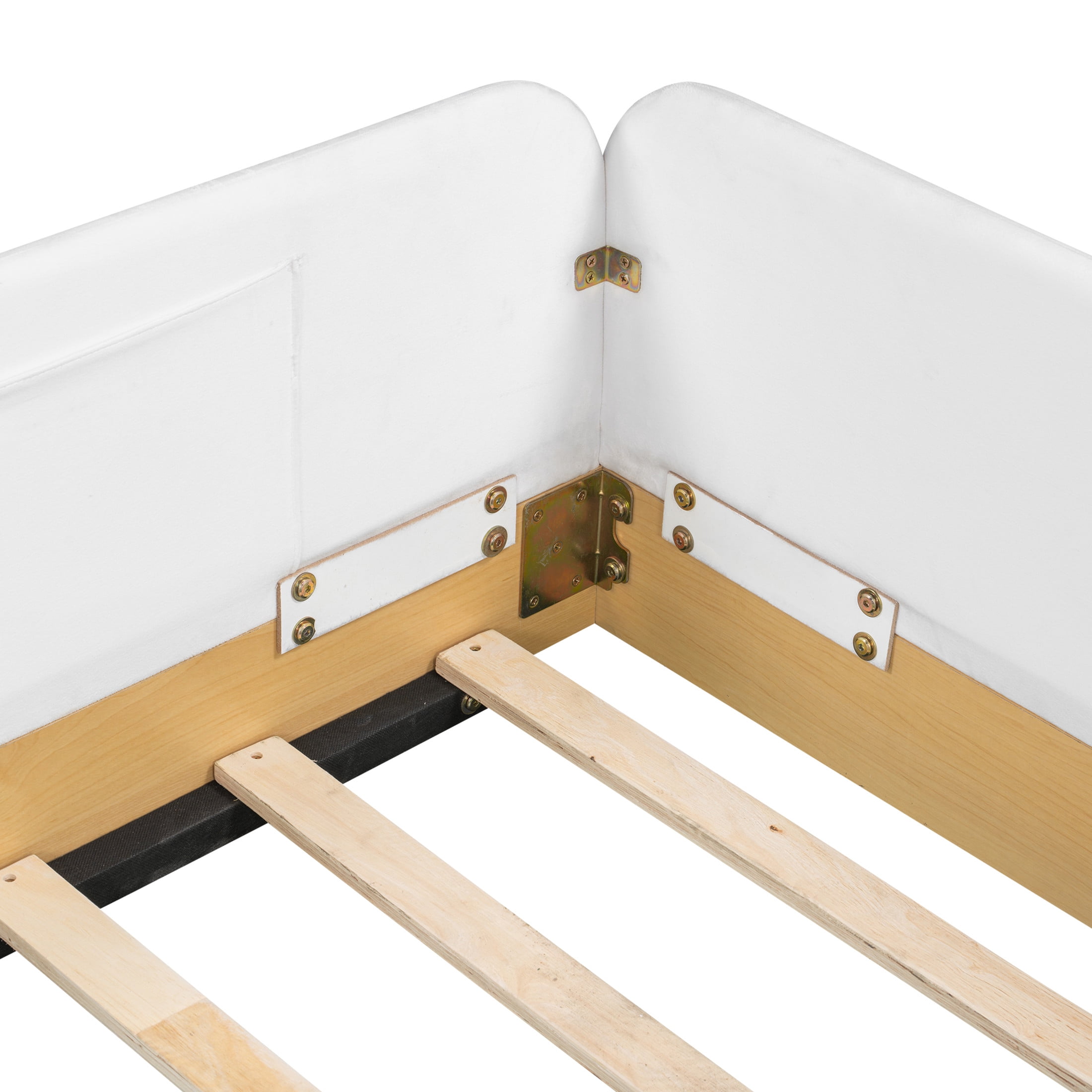 Noble House Twin Size Velvet Upholstered Platform Bed with Safety Guardrail and 3 Storage Bags, Kid Bed Frame, Natural