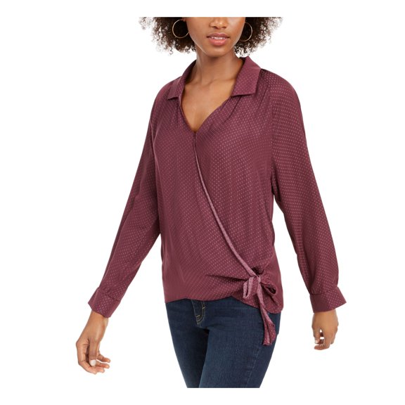 LEYDEN Womens Purple Polka Dot Long Sleeve Collared Wrap Top Juniors Size: S