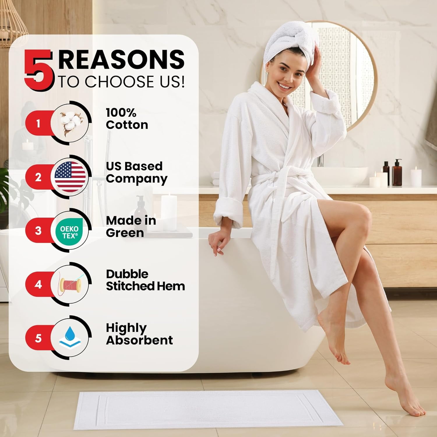 Premium Cotton Banded White Bath Mats Pack of 2, 22x34 inches [Not a Bathroom Rug] - Infinitee Xclusives