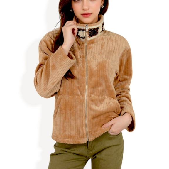 Women's Zip-Up Jacket with Embroidered Collar and Side Pockets - Large, Khaki