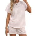 thumbnail image 2 of 2 Piece Sets for Women Summer Outfits Cute Stripe Knit T Shirts Shorts Matching Lounge Set Pink XL, 2 of 10