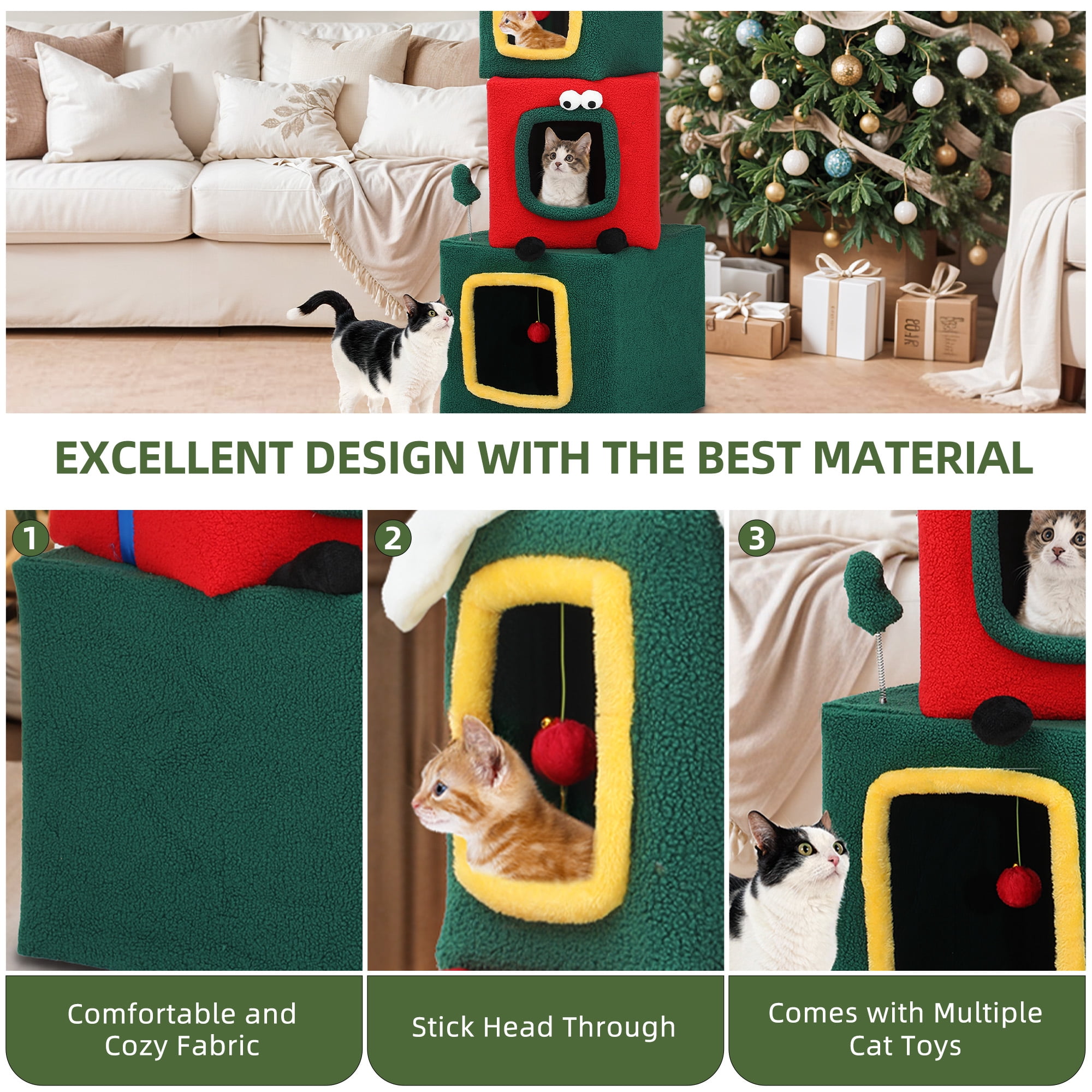 Uforic 60" H Large Christmas Cat Tree, Multi-Level Cat Tree,3 Story Playhouse with Hanging Ball,Green