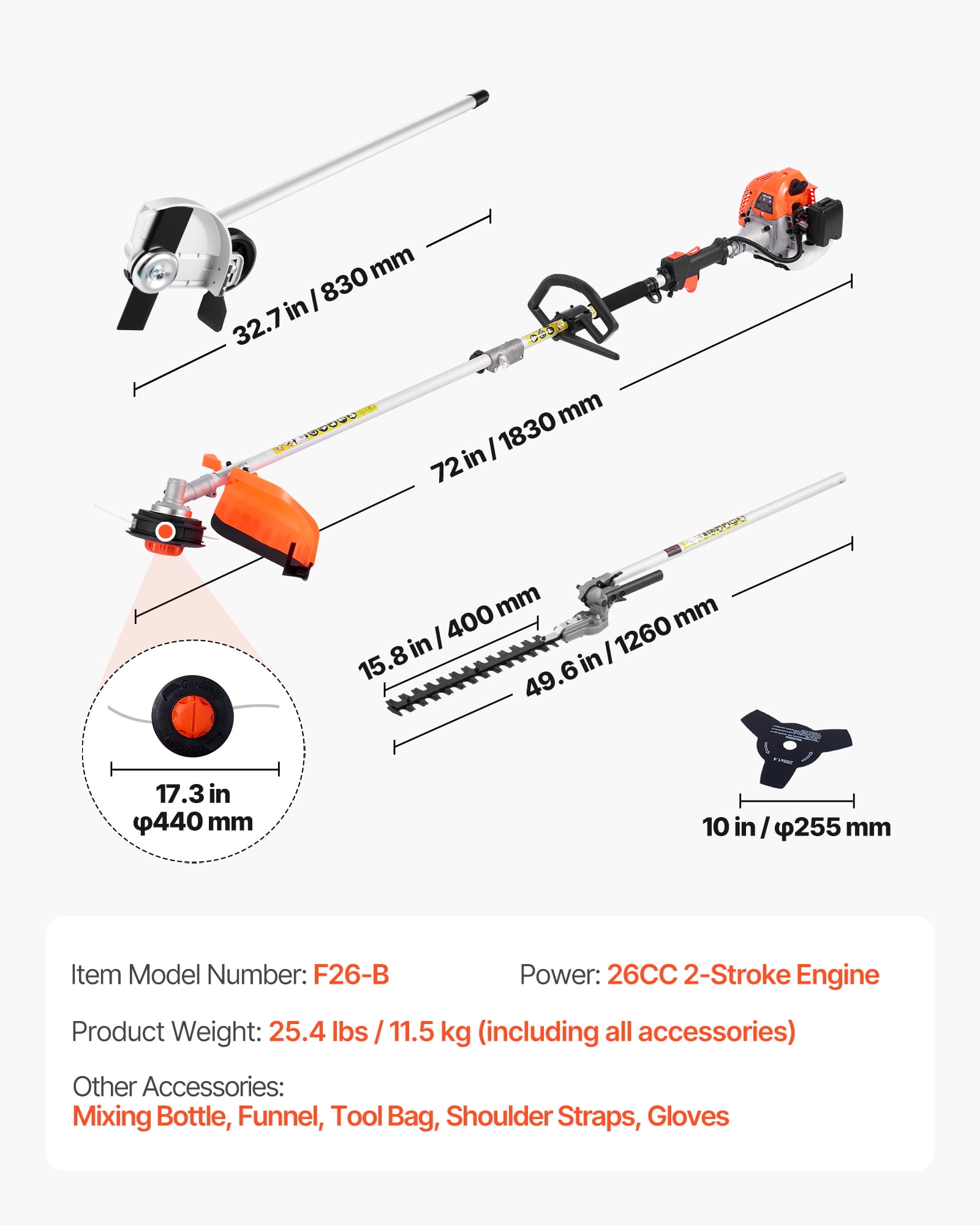 VEVOR Gas Hedge Trimmer,2 Cycle Gas Power Handheld Hedge Trimmer, 4-in-1 26cc Weed Eater with Protective Gear Set, Includes Hedge and String Trimmer, Edger, Brush Cutter, for Trimming Shrubs & Bushes