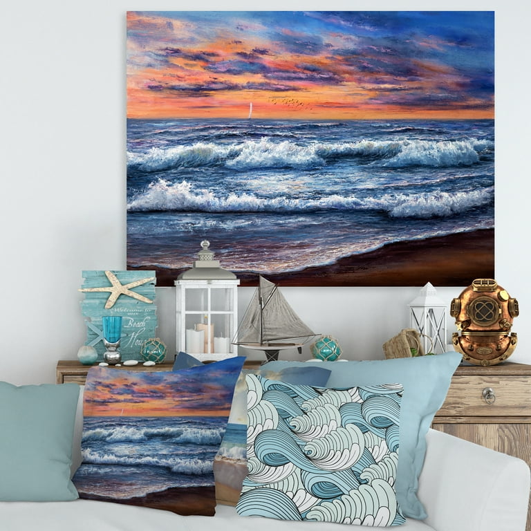 The Blue Ocean In Sunset Evening II 12 in x 8 in Painting Canvas