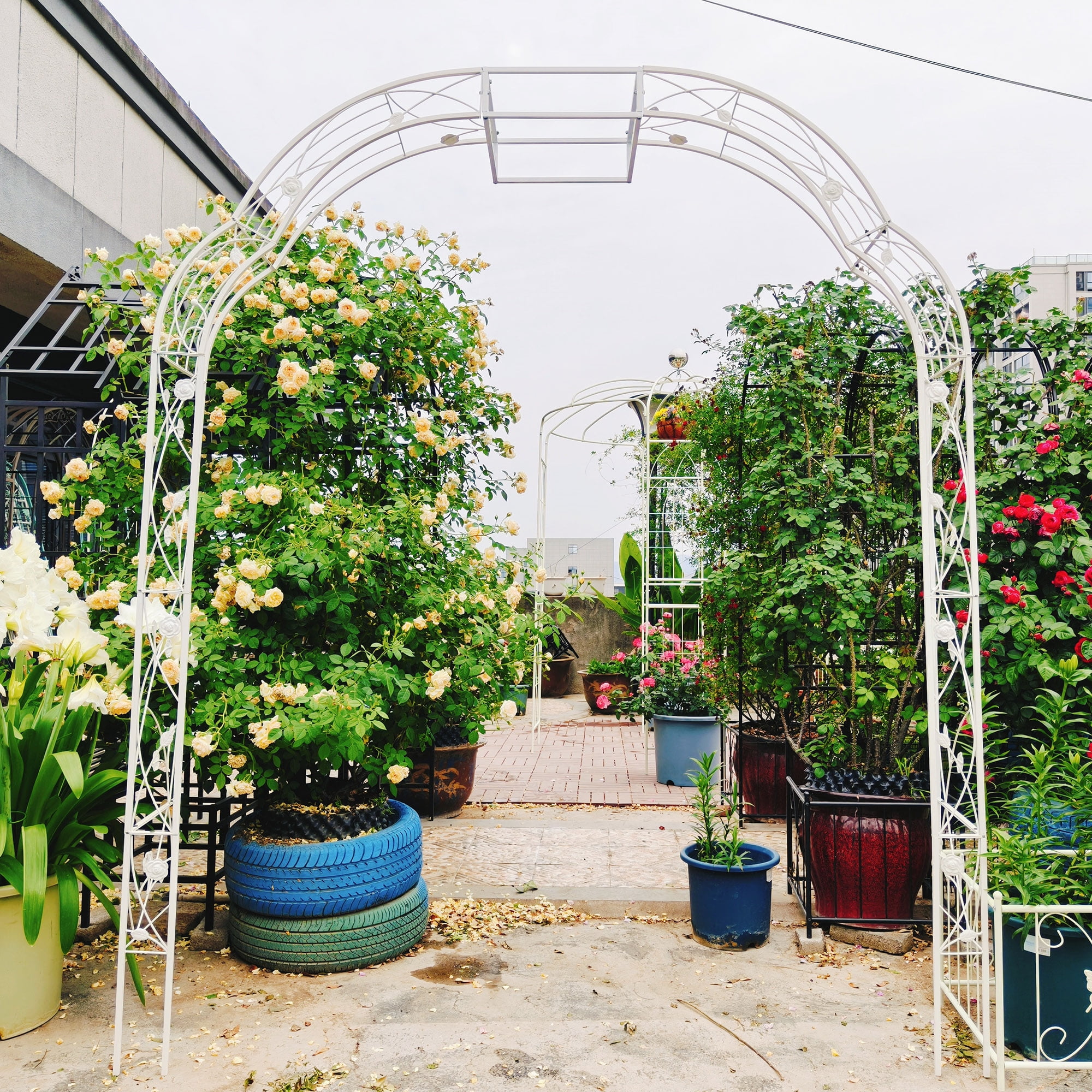 Metal Garden Arch W74.4" x H98.4" Garden Arbor Trellis Climbing Plants Support Rose Arch Outdoor Arch Cream White