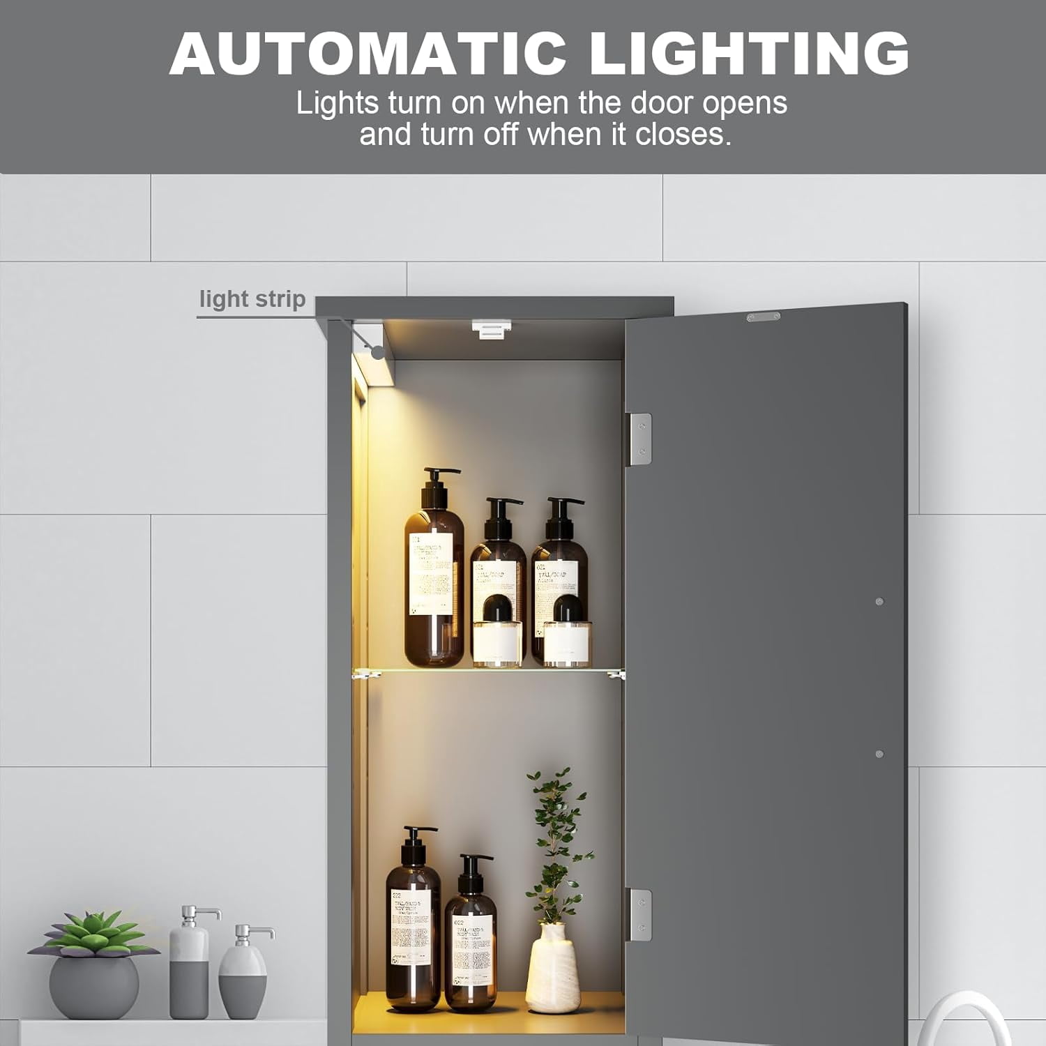 67" Tall Bathroom Storage Cabinet with Lights, Slim Narrow Bathroom Cabinet Organizer with Doors and Adjustable Shelves, Tall Cabinet for Small Space, Living Room, Kitchen, Gray