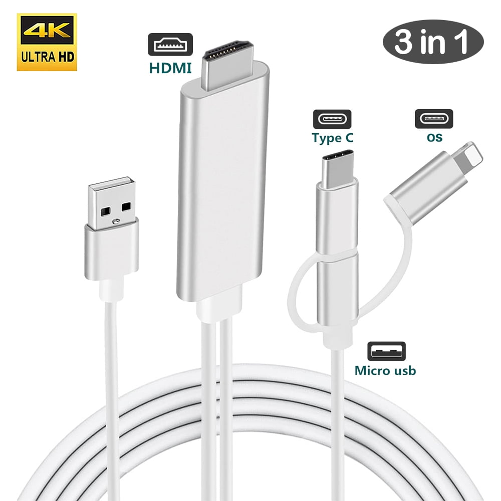 Plys dukke Overleve gør ikke 3 in 1 HDMI Cable Adapter Type-C/Phone/Micro USB to HDMI Mirroring Phone to  TV/Monitor/Projector HDTV 1080P Compatible with Phone Series  X/8/7/XS/MAX/XR/Mate/Note/LG Phone/Android Devices - Walmart.com