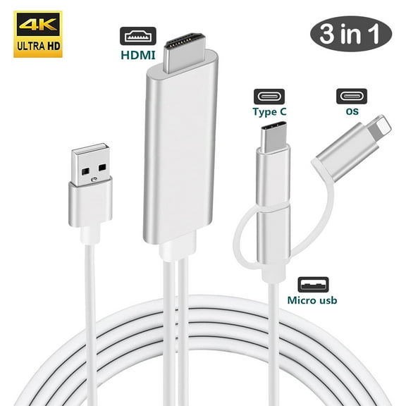 3 in 1 HDMI Cable Adapter Type-C/Phone/Micro USB to HDMI Mirroring Phone to TV/Monitor/Projector HDTV 1080P Compatible with Phone Series X/8/7/XS/MAX/XR/Mate/Note/LG Phone/Android Devices