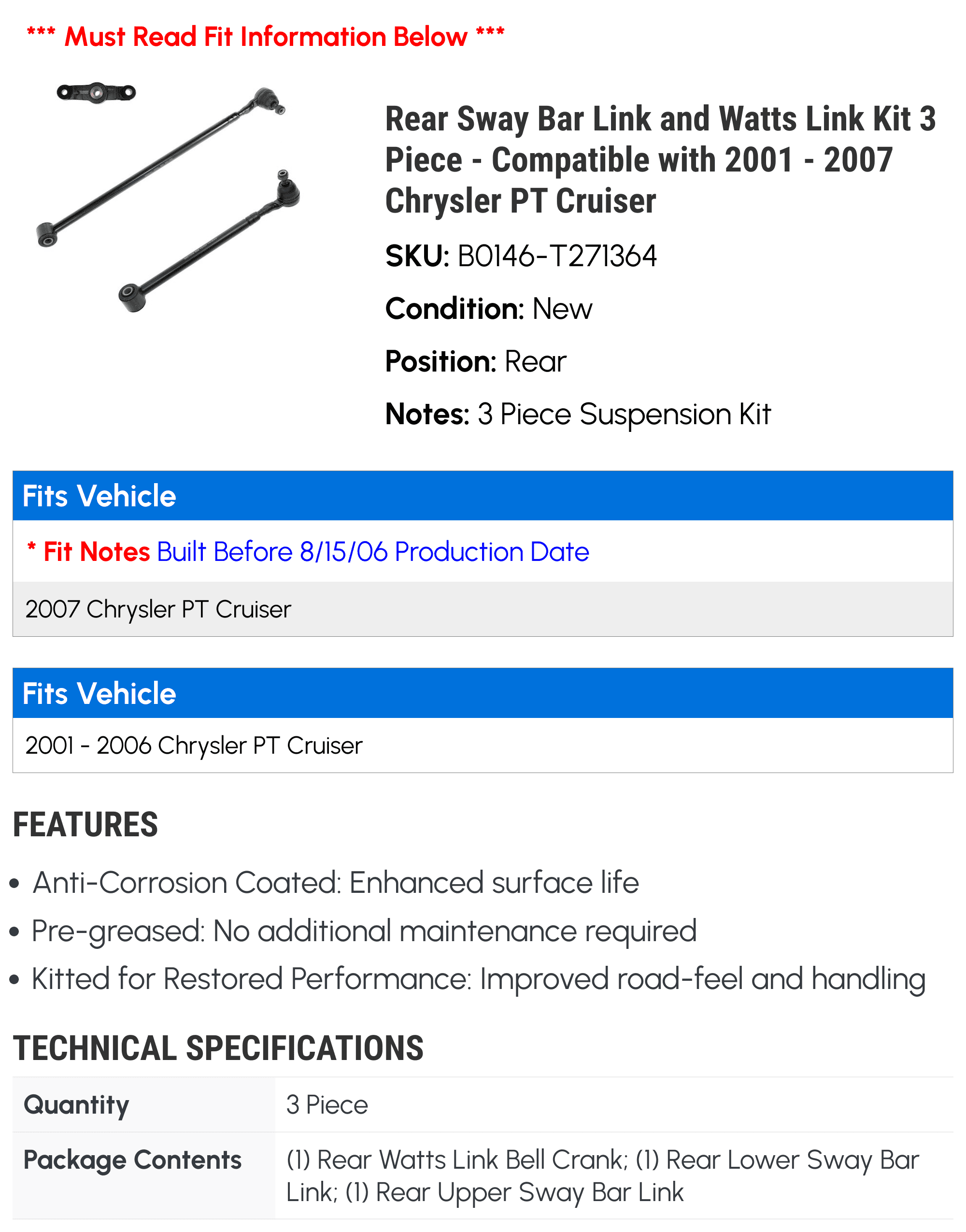 Rear Sway Bar Link and Watts Link Kit 3 Piece - Compatible with 2001 - 2007 Chrysler PT Cruiser 2002 2003 2004 2005 2006