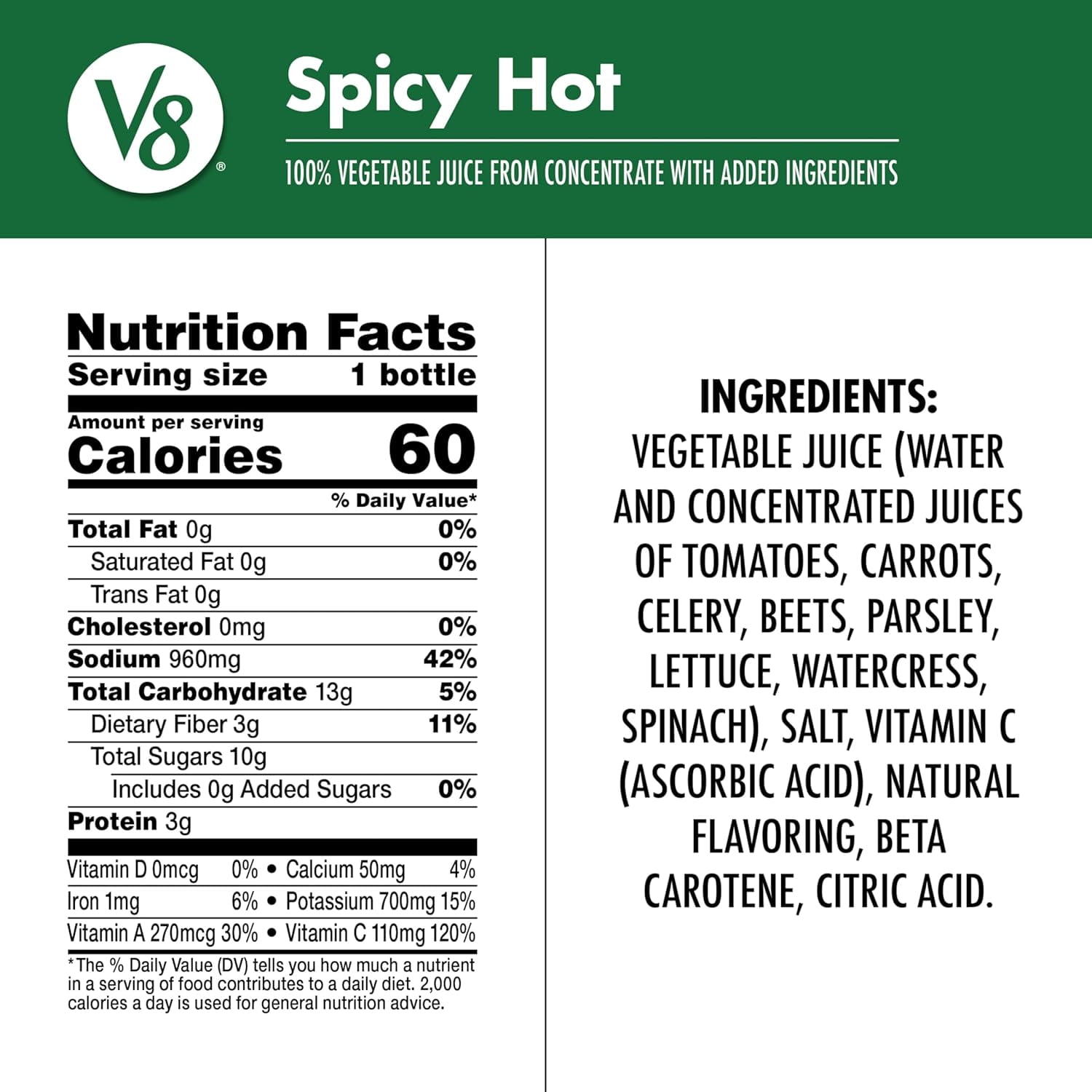 Spicy Hot 100% Vegetable Juice, 12 fl oz Bottle (12 Pack)