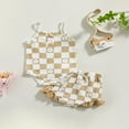thumbnail image 2 of Infant Baby Girl Summer Clothes Set Checkerboard Plaid Floral Print Sleeveless Romper+Ruffle Shorts Outfit, 2 of 9