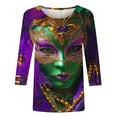 thumbnail image 4 of Cavosen Mardi Gras Womens Blouses Three Quarter Length Sleeves Holiday Carnival Round Neck Shirts Mask Graphic Print Blouse Festival Trendy Tops Casual Going out T-Shirts Party Tuesday 3XL, 4 of 5