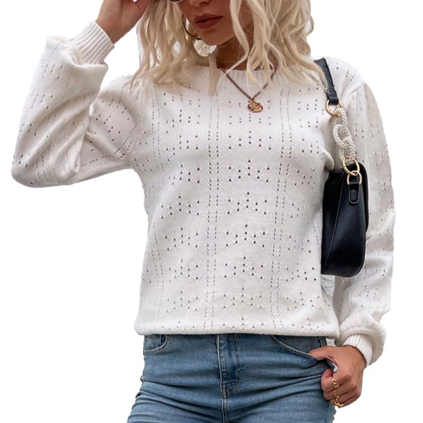 Suéter de punto ahuecado para mujer, cuello redondo, manga larga abombada, Top básico de Color sólido para cita, trabajo, compras