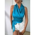 thumbnail image 4 of Women'S Satin Blouse Wrap V Neck Sleeveless Tie Side Summer Elegant Crop Tops Blue M, 4 of 7