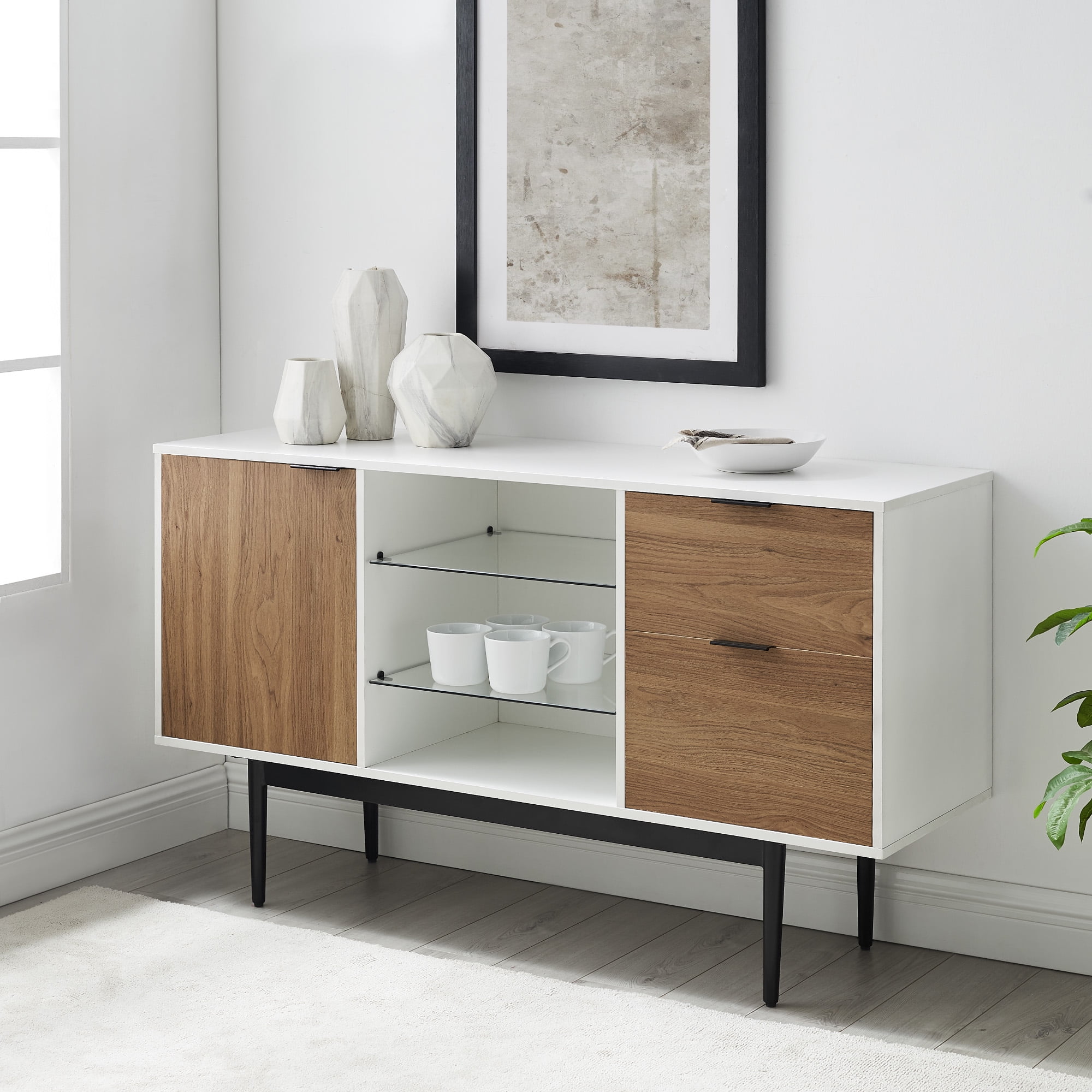Desert Fields Blakely Mid Century Modern 2-Drawer Sideboard, White/English Oak