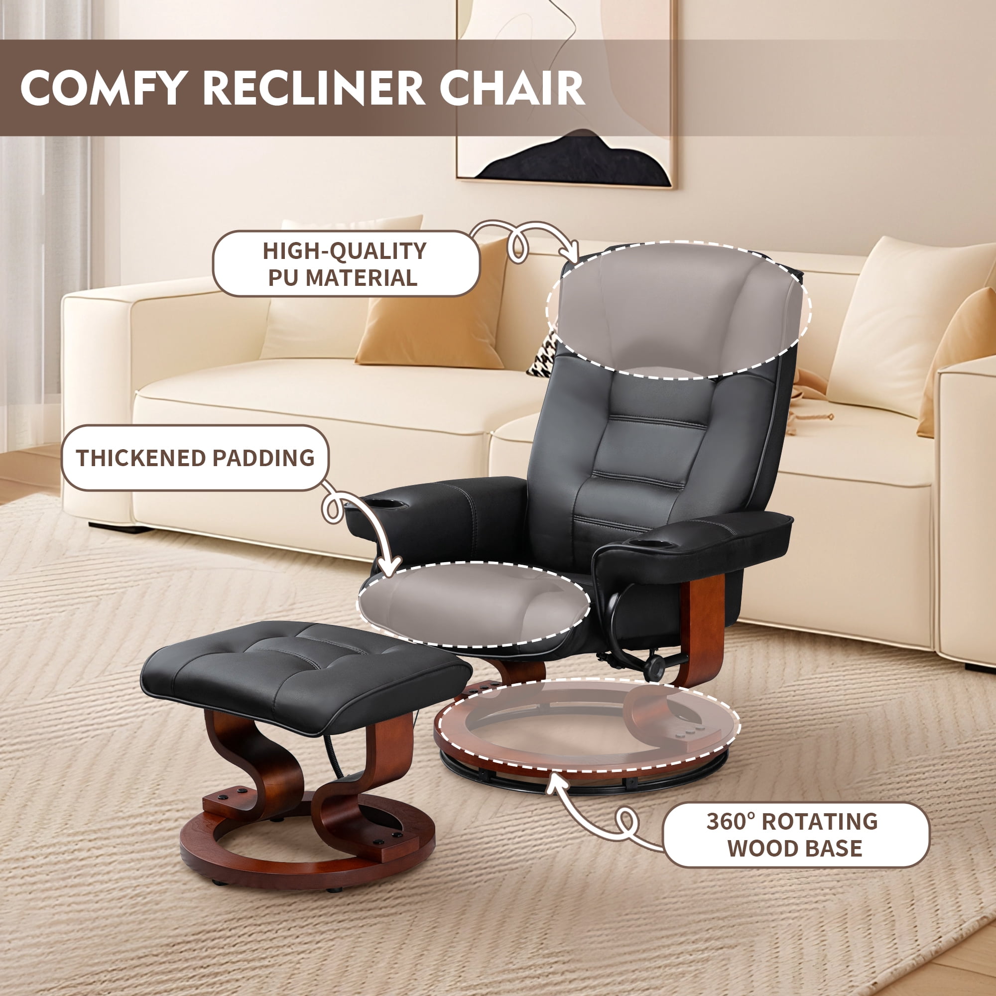 AVAWING 8 Point Vibration Massage Recliner Chair w/ Ottoman, Swivel Reclining Chair, Indoor, Black