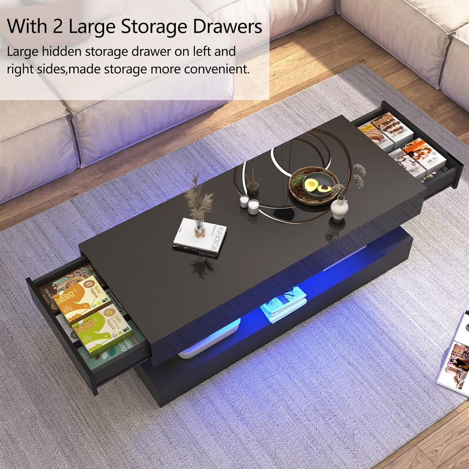 ChVans 47.3" High Glossy LED Coffee Table with 2 Sliding Storage Drawers, Living Room Coffee Table w/APP Control LED Lights, Modern Double-Layer Center Tables Large Furniture, Black