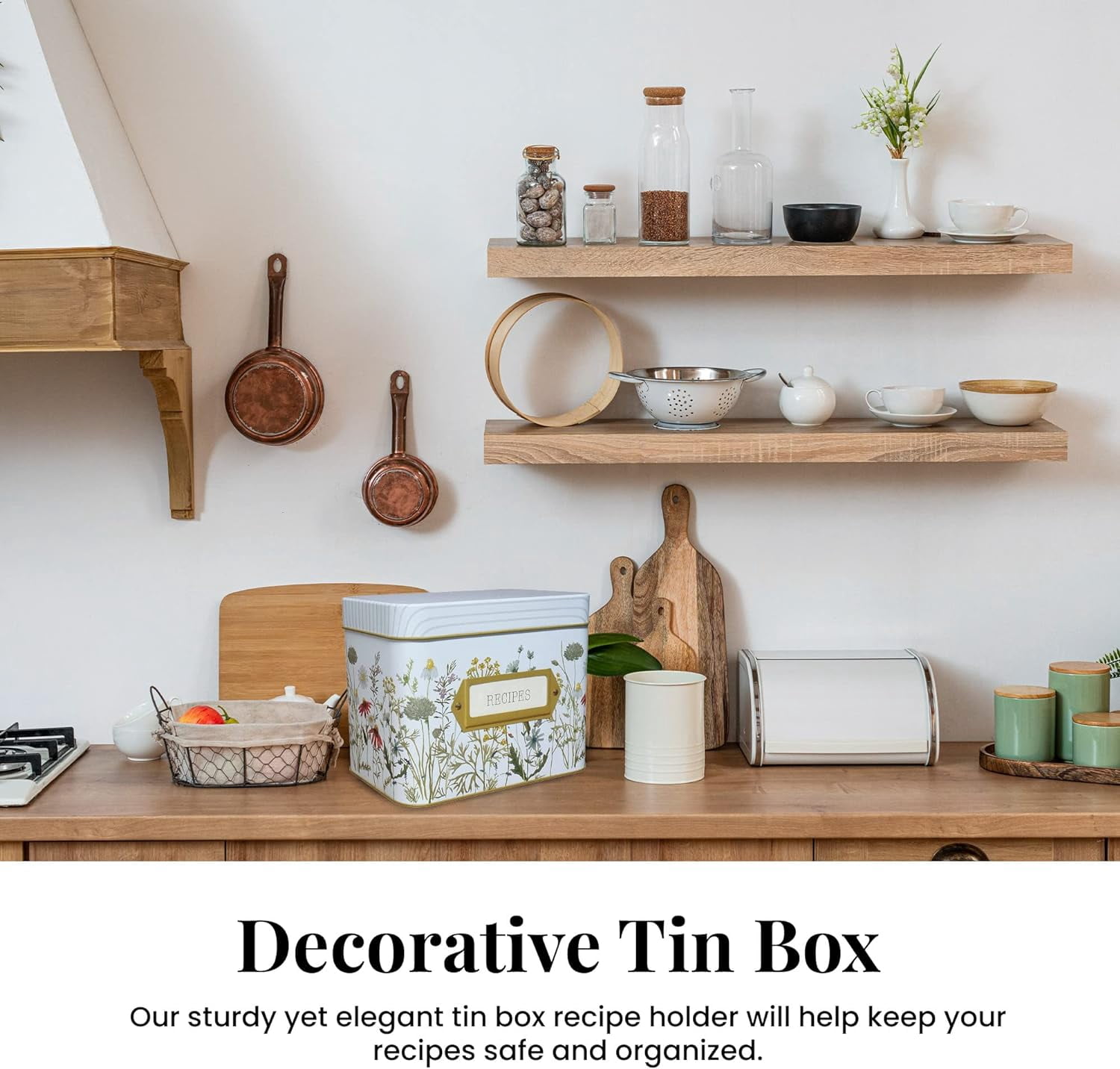 Tin Recipe Box Holder With Cards - Wildflower Print - Includes 100 4X6 Cards and 12 Dividers - Beautiful Decorative Tin Box Flower Gift