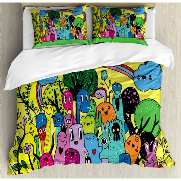 Indie Queen Size Duvet Cover Set, Colorful Funny Hand Drawn Crazy Doodle Monsters in Nature Rainbow and Flowers Grungy, Decorative 3 Piece Bedding Set with 2 Pillow Shams, Multicolor, by Ambesonne