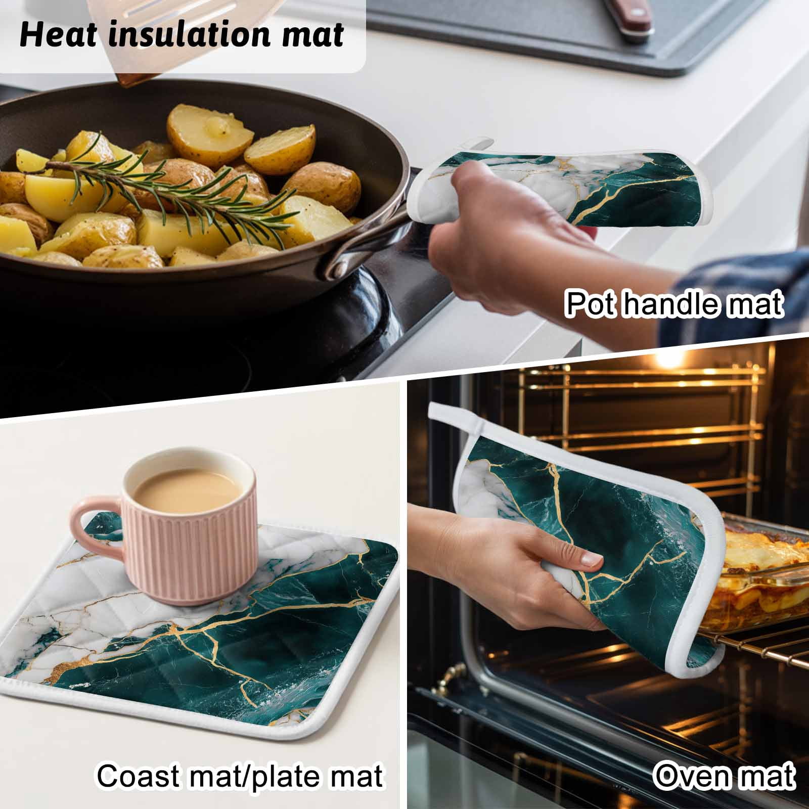 Marble Turquoise Pot Holders for Kitchen Heatproof Potholder, 3 Pack Abstract Gold White Brick Stone Motif Hot Pads Multipurpose Oven Pads Cloth Potholders Trivet for Cooking Baking