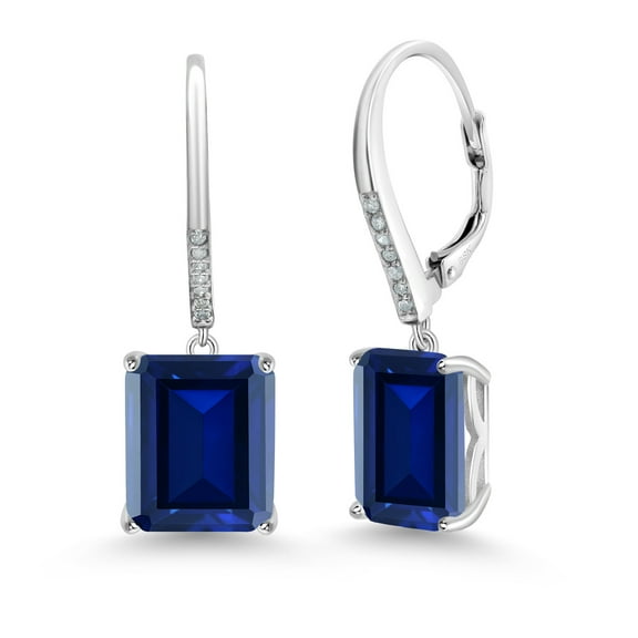 Gem Stone King 925 Sterling Silver Blue Simulated Sapphire and White Diamond Dangle Earrings for Women (13.50 Cttw, Emerald Cut 12X10MM)