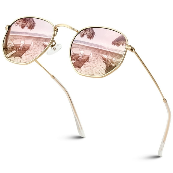 Sunier Polarized Pink Hexagon Fashion Sunglasses for Women Ultralight Square Polygon Metal Shades