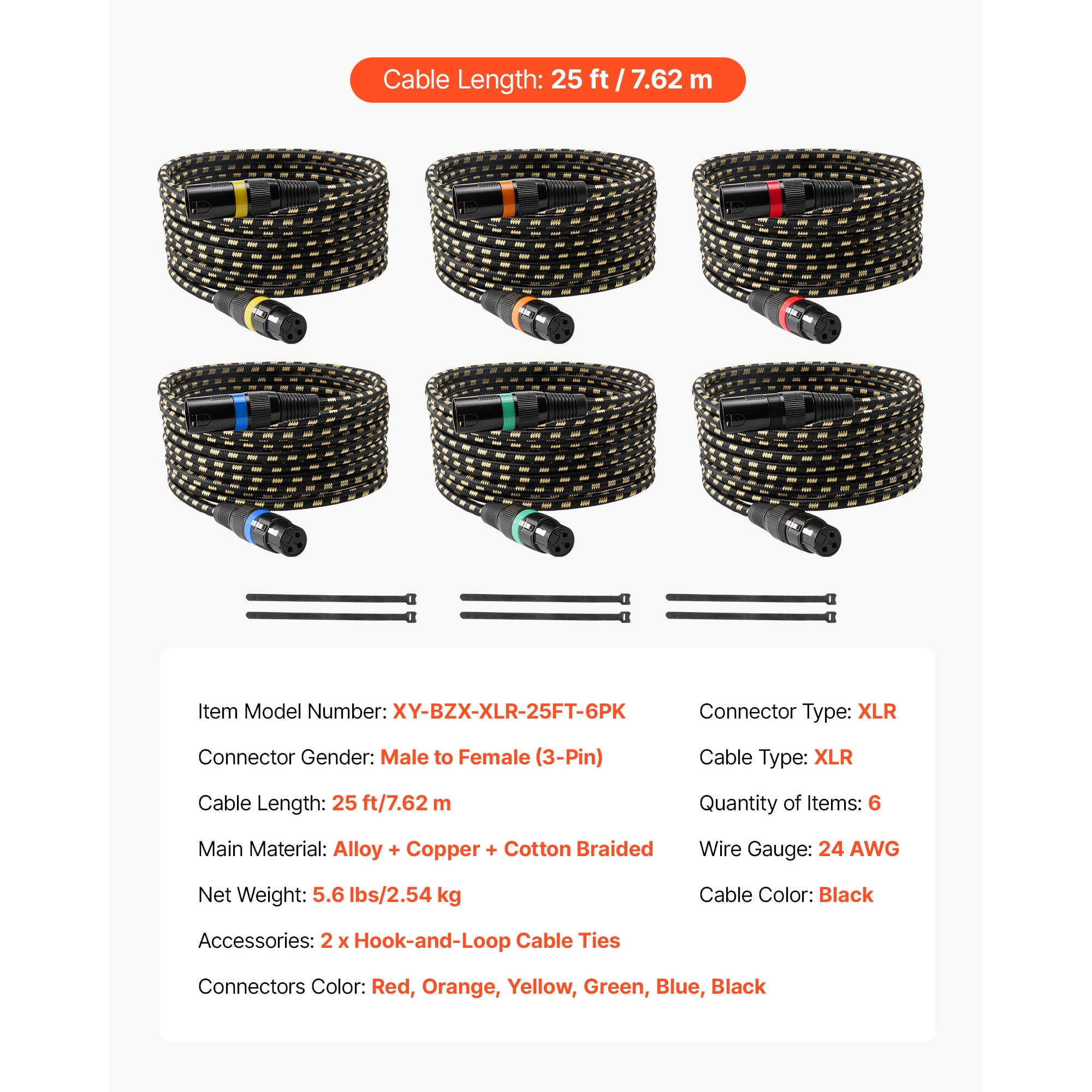KFFKFF 25 ft XLR Cable, 6-Pack, Shielded Balanced 3-Pin Male to Female Microphone Cords with Gold-Plated Connectors, Ideal for Stage Lighting, Microphones, Amplifiers, Mixers, and Speaker Systems