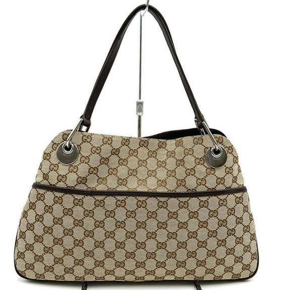 Pre-Owned GUCCI 121023 GG Canvas Shoulder Bag Tote Leather Beige Women's Men's (Good)