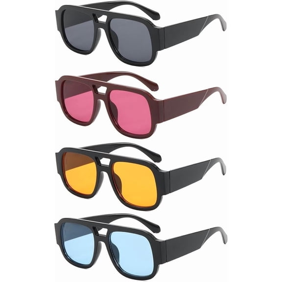 4 count Retro Aviator Sunglasses for Women Men 70s Square Chunky Frame Sun Glasses Red Shades