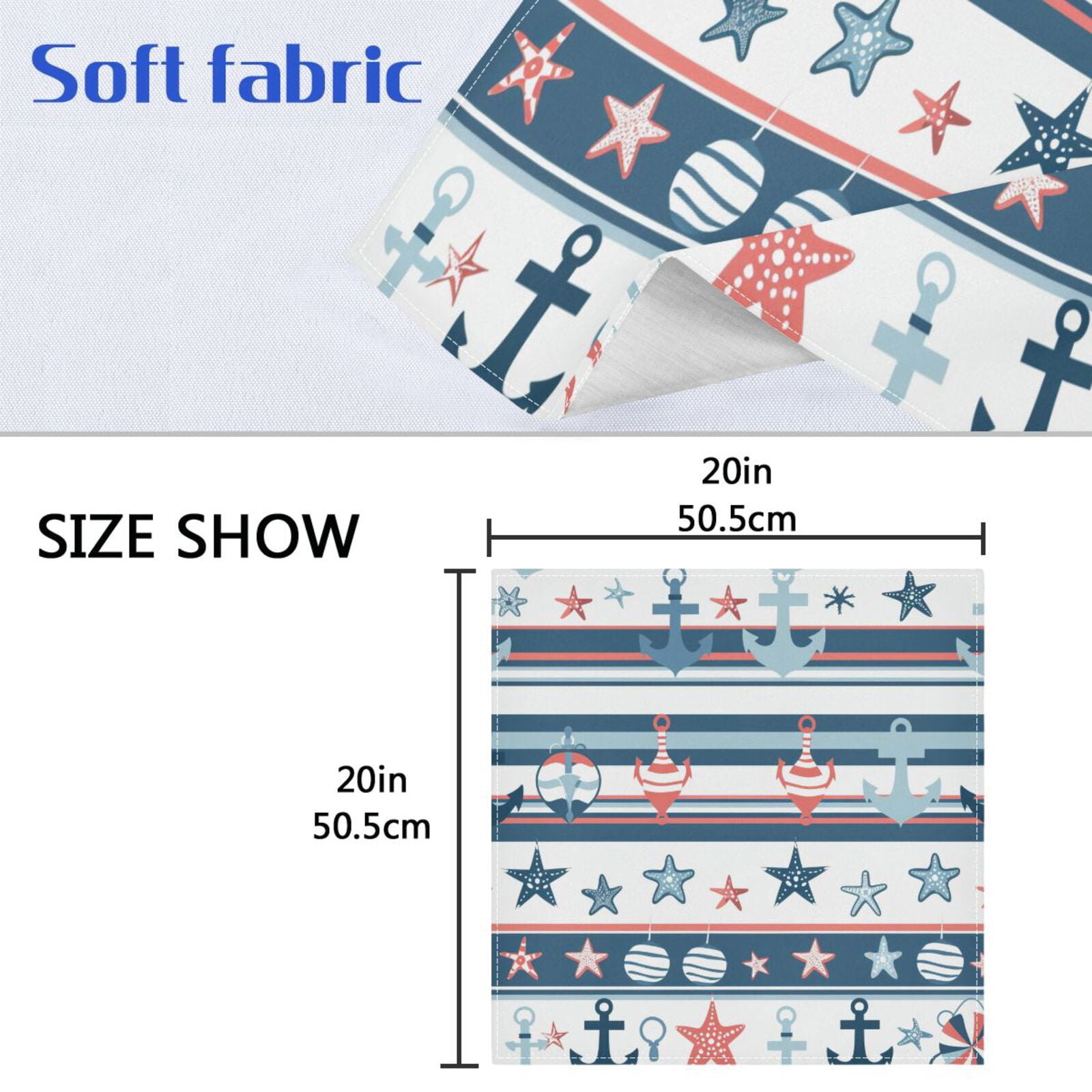 JSTEL Seafish Anchor Stripe Cloth Napkins Set of 6, 20x20 Inch Washable and Reusable Napkin for Decoupage Dinner Party Everyday Use