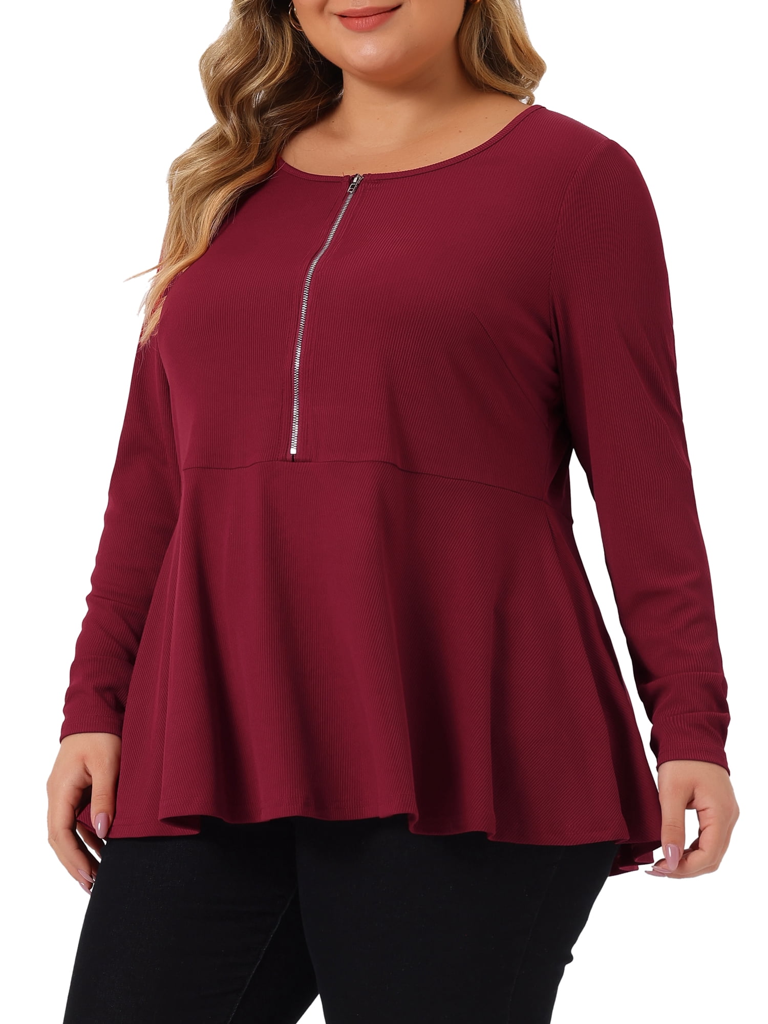 Unique Bargains Women's Plus Size Half Zip Up Short Sleeve Ruffle Shirts Blouses 1X Burgundy