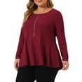 thumbnail image 4 of Unique Bargains Women's Plus Size Half Zip Up Short Sleeve Ruffle Shirts Blouses 3X Burgundy, 4 of 6