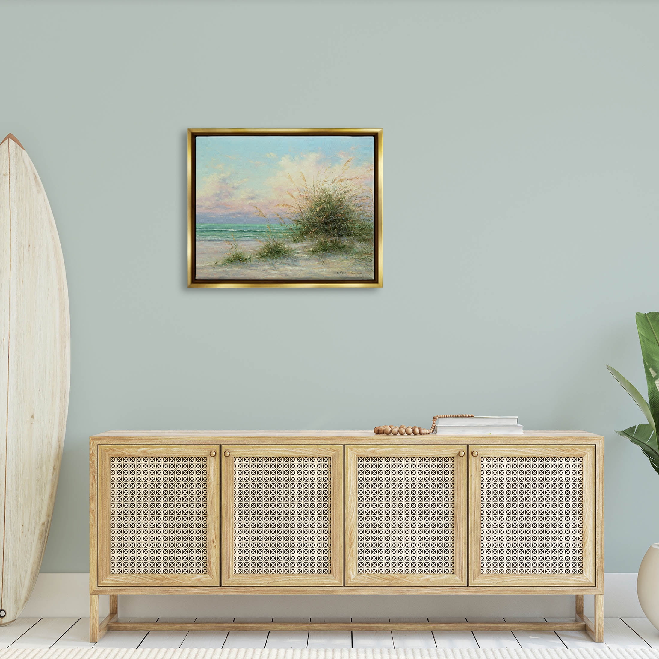 Summer Beach Grass Sea Waves Coastal Painting Metallic Gold Framed Art Print Wall Art