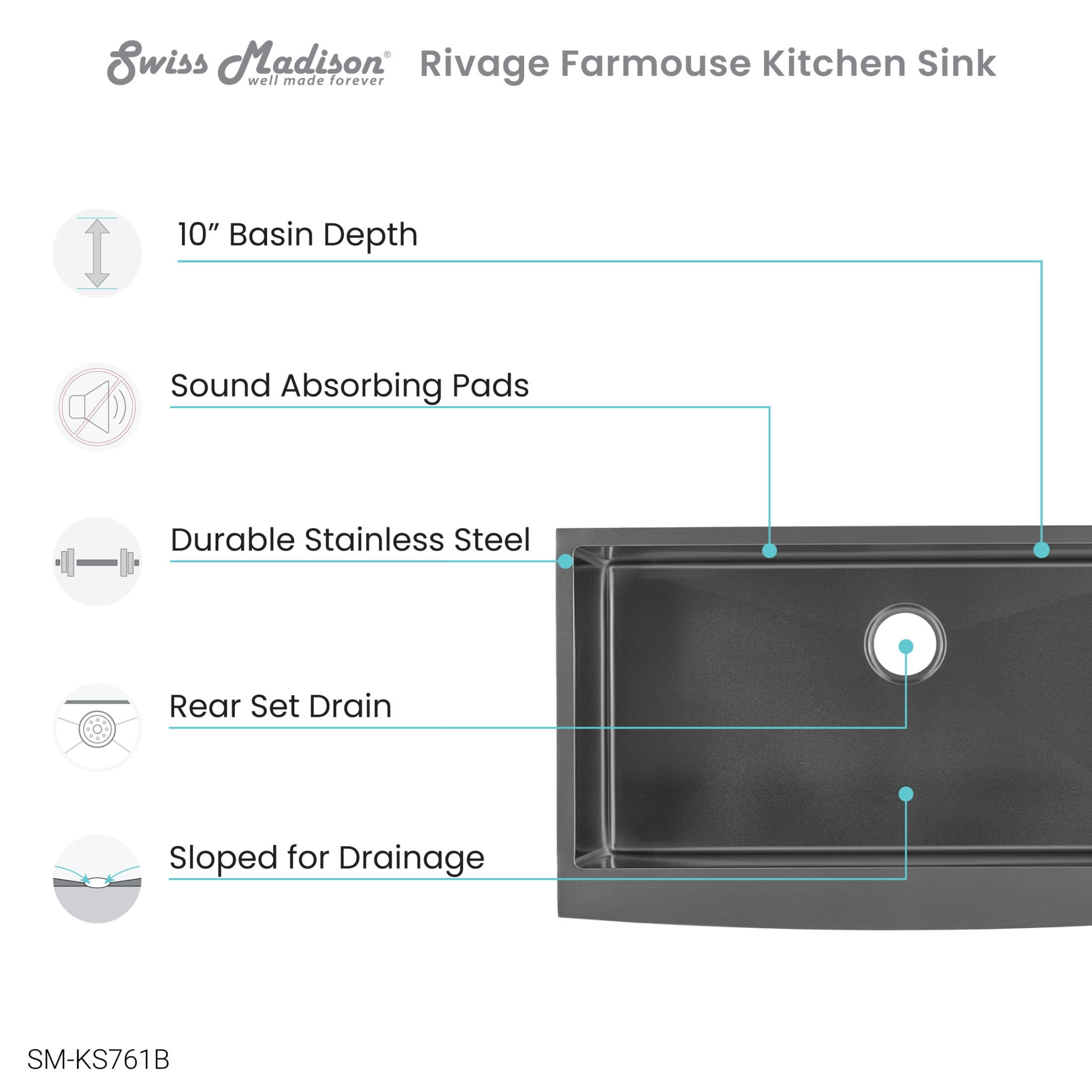 Rivage 36 x 21 Stainless Steel, Single Basin, Farmhouse Kitchen Sink with Apron in Black