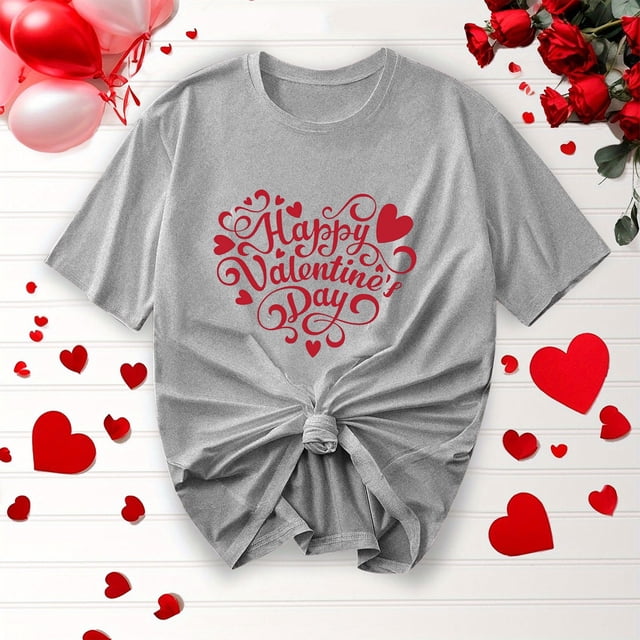 Offres de Vacances Iumwxz Chemises de la Saint-Valentin Tunique Plissée Décontractée Hauts pour Femmes Imprimé Joyeuse Saint-Valentin Hauts Col Rond Manches Courtes T-Shirts pour Femmes Confortables Fête