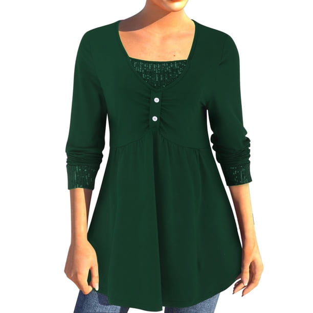 Gibobby Blusas Para Mujeres Tops de manga larga de dos piezas con dobladillo y botón de cuello cuadrado para mujer de color neto con cuentas(Verde, XL)