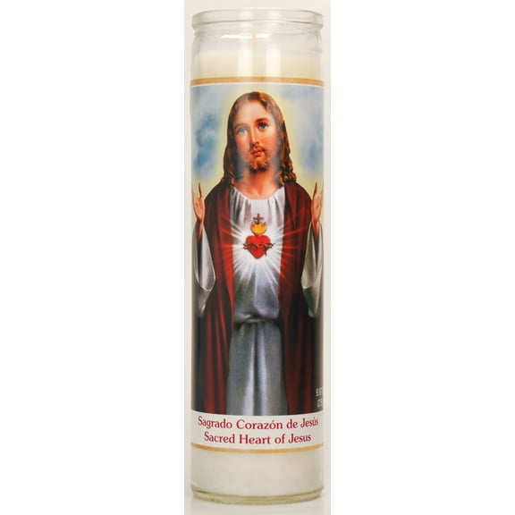 Prayer Candle Sacred Heart White Wax, 8 inch Religious Candle