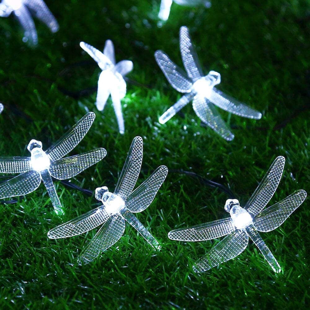 Solar Dragonfly Lights Outdoor 30 LED Dragonfly Lights Waterproof Decorative Lights String Dragonfly Yard Lights Solar Decorative Garden Warm White - White