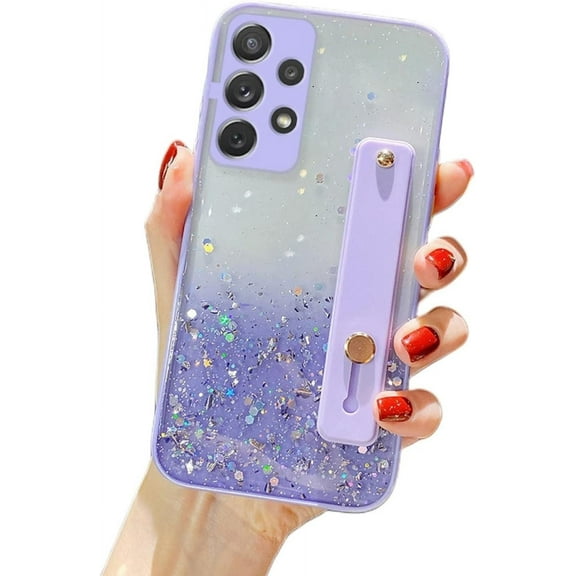 Gradient Color Glitter Wristband Stand Phone Case TPU Girls Fashion Shockproof Bumper for Samsung Galaxy S23 S22 S21 Plus Ultra FE A72 A71 4G Back Cover(Purple,Samsung S23 Ultra)